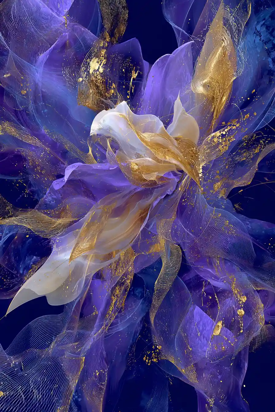 Arte astratta blu intenso e viola intrecciata con accenti dorati