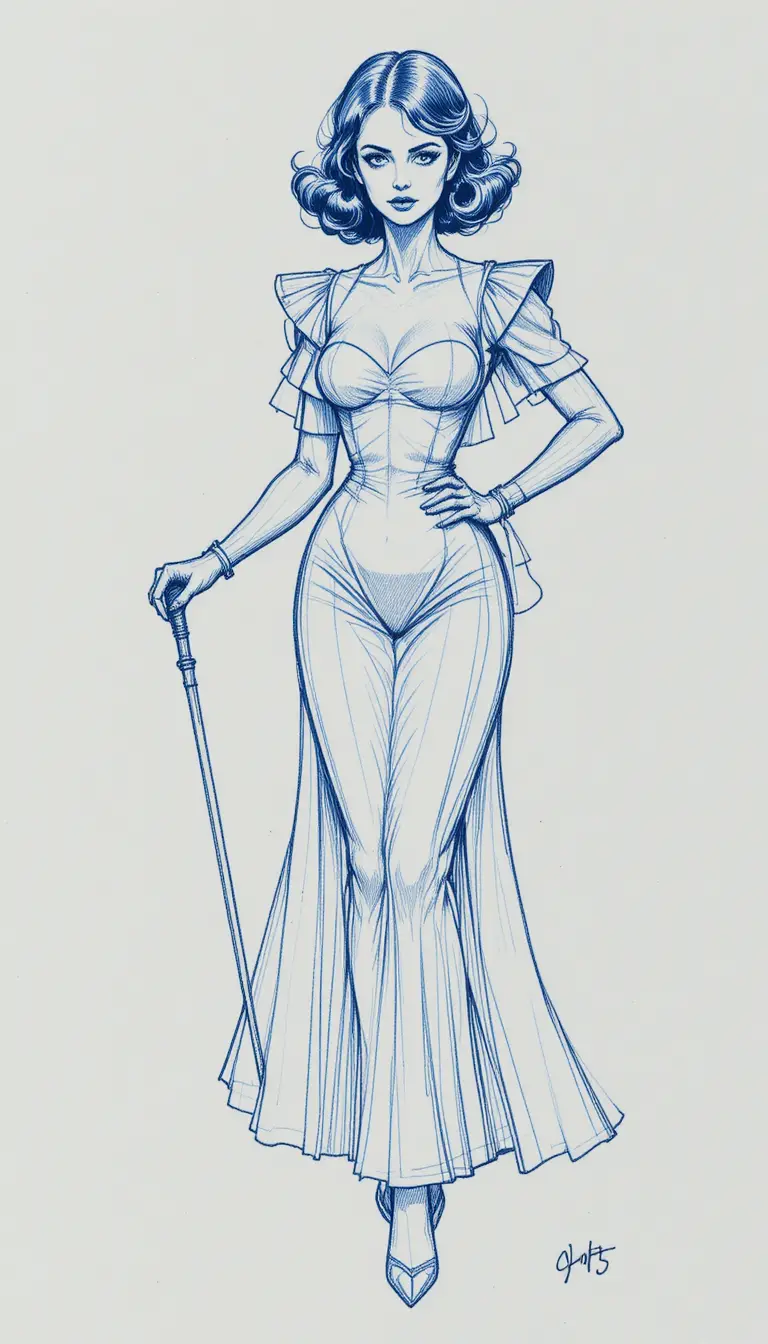A vintage sorceress holding a staff in a full body comic illustration