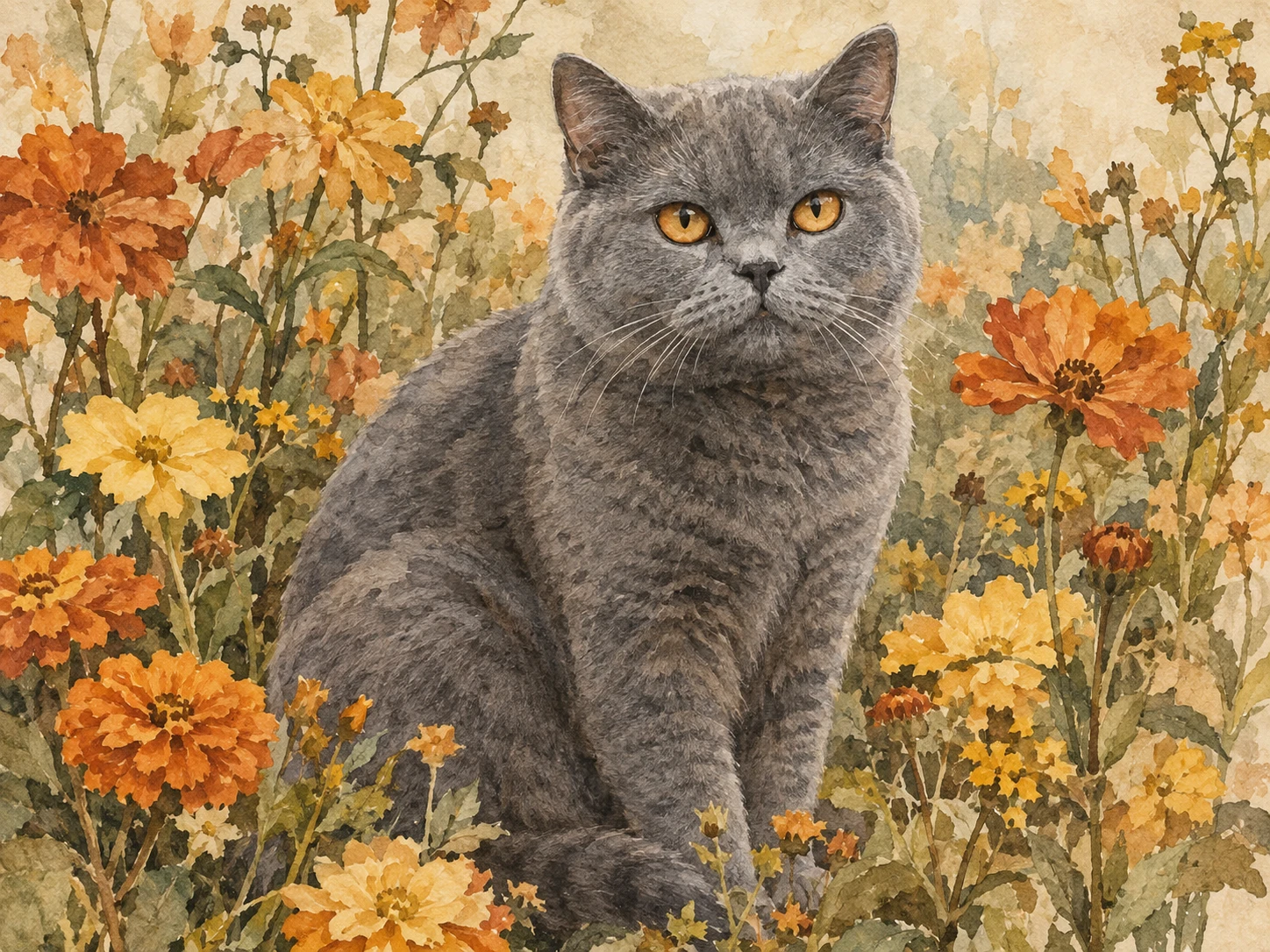 Graue Britisch-Kurzhaar-Katze zwischen dezenten orangefarbenen und gelben Blumen
