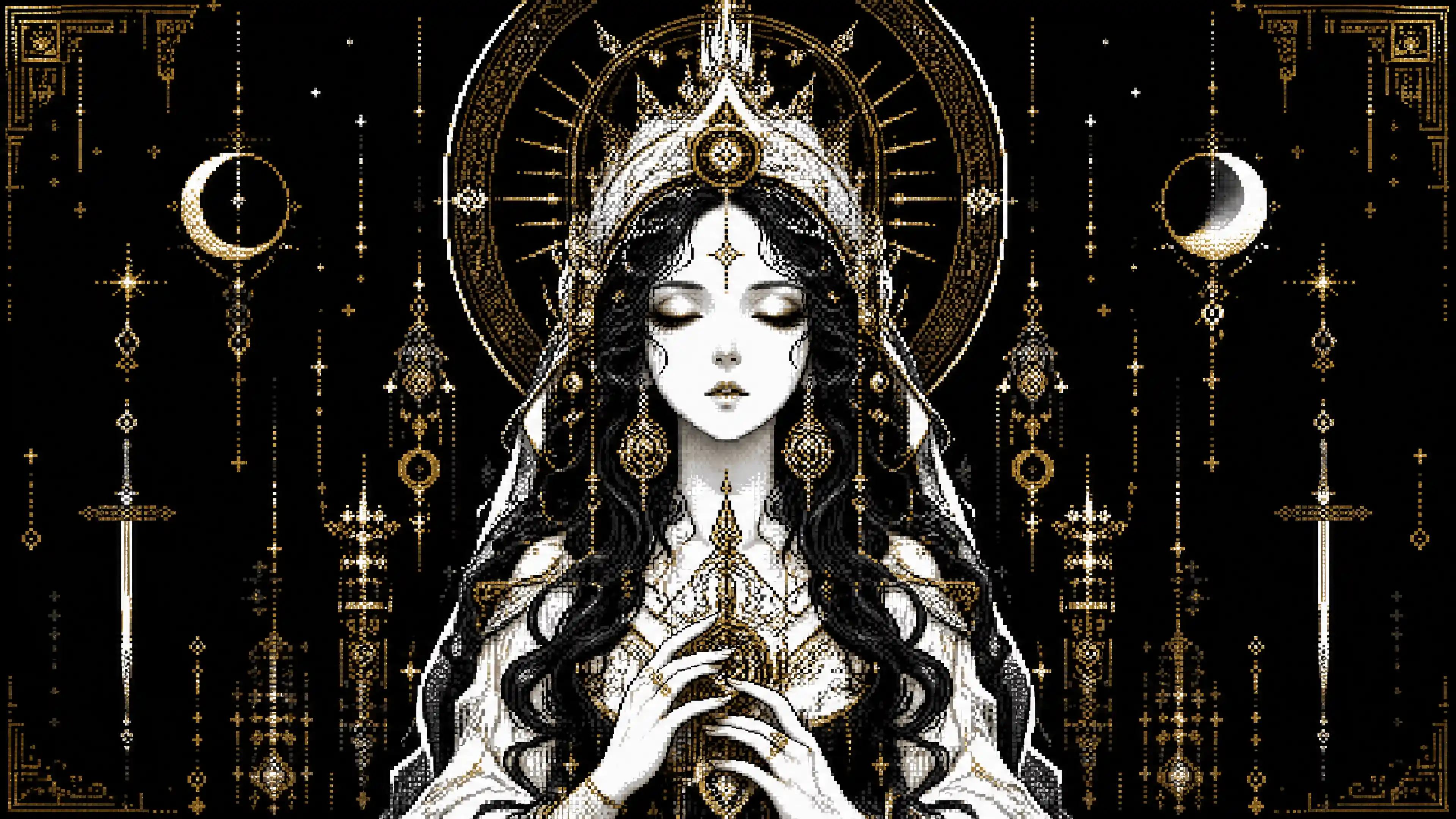 Une femme mystique en pixel art monochrome aux détails dorés