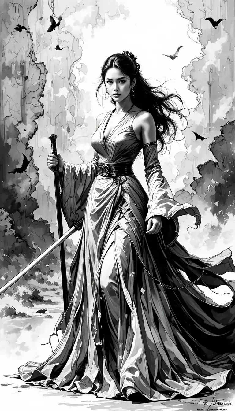 A Determined Woman Holds a Sword in an Elegant Gown