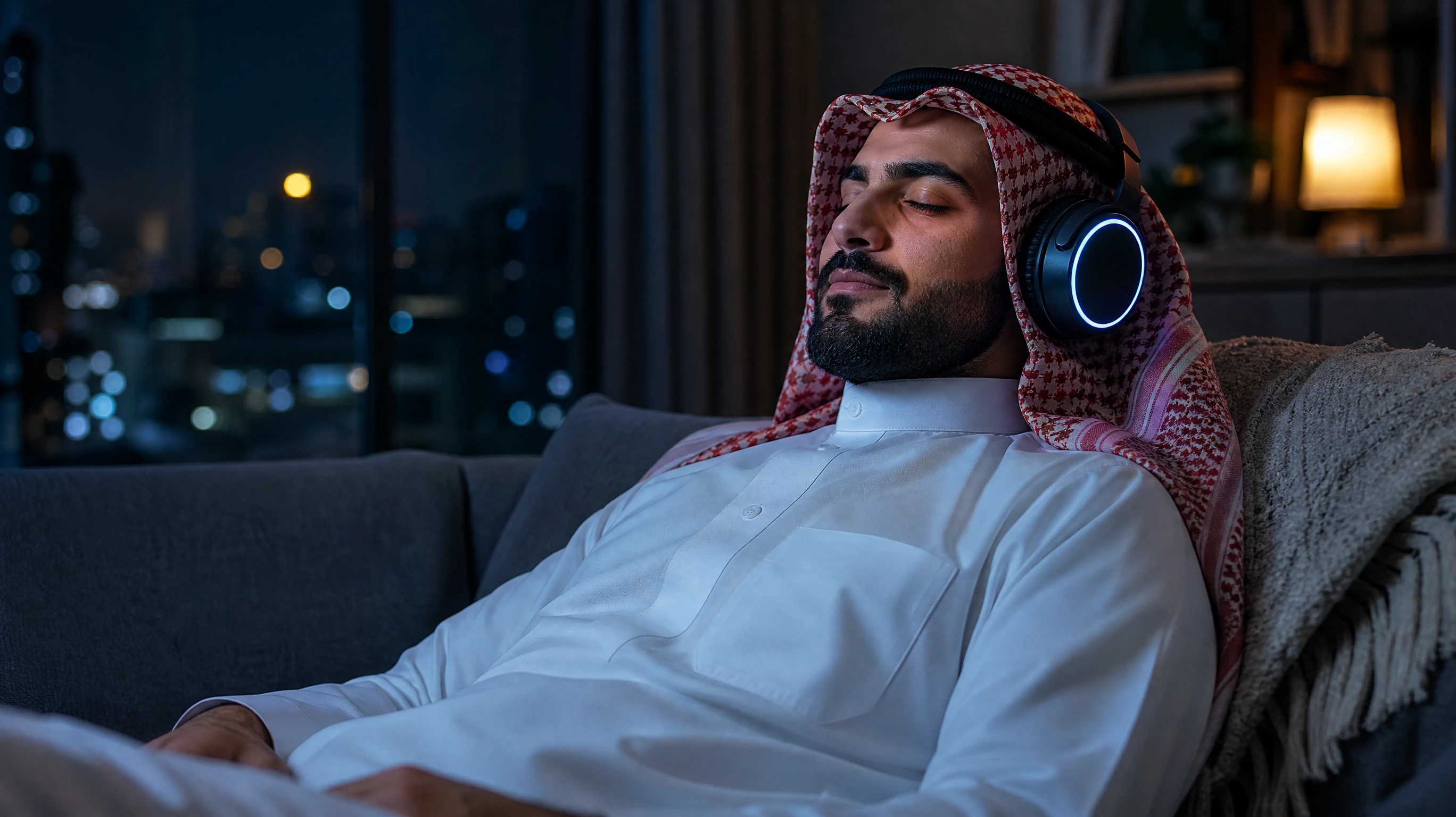 Un hombre de Oriente Medio se relaja con thobe y kufiya, usando auriculares