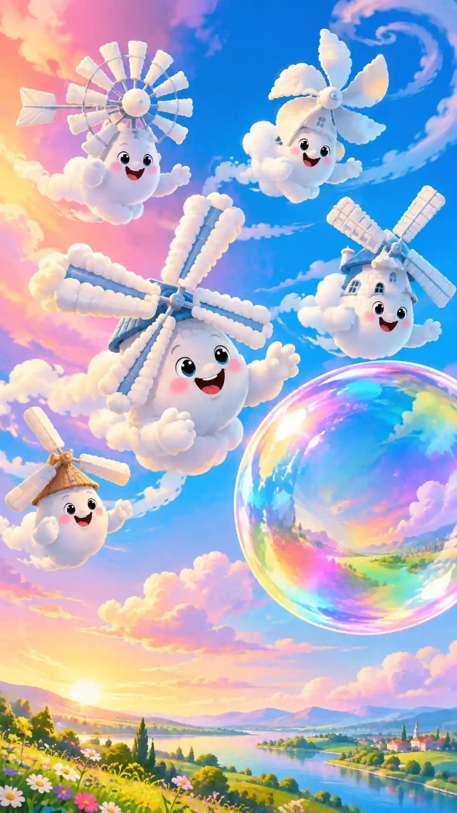 Windmill-shaped cloud characters chase a giant iridescent bubble through the sky