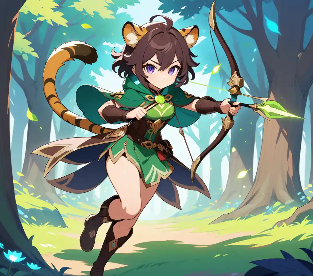 A tiger-eared archer draws a glowing arrow in a sunlit forest