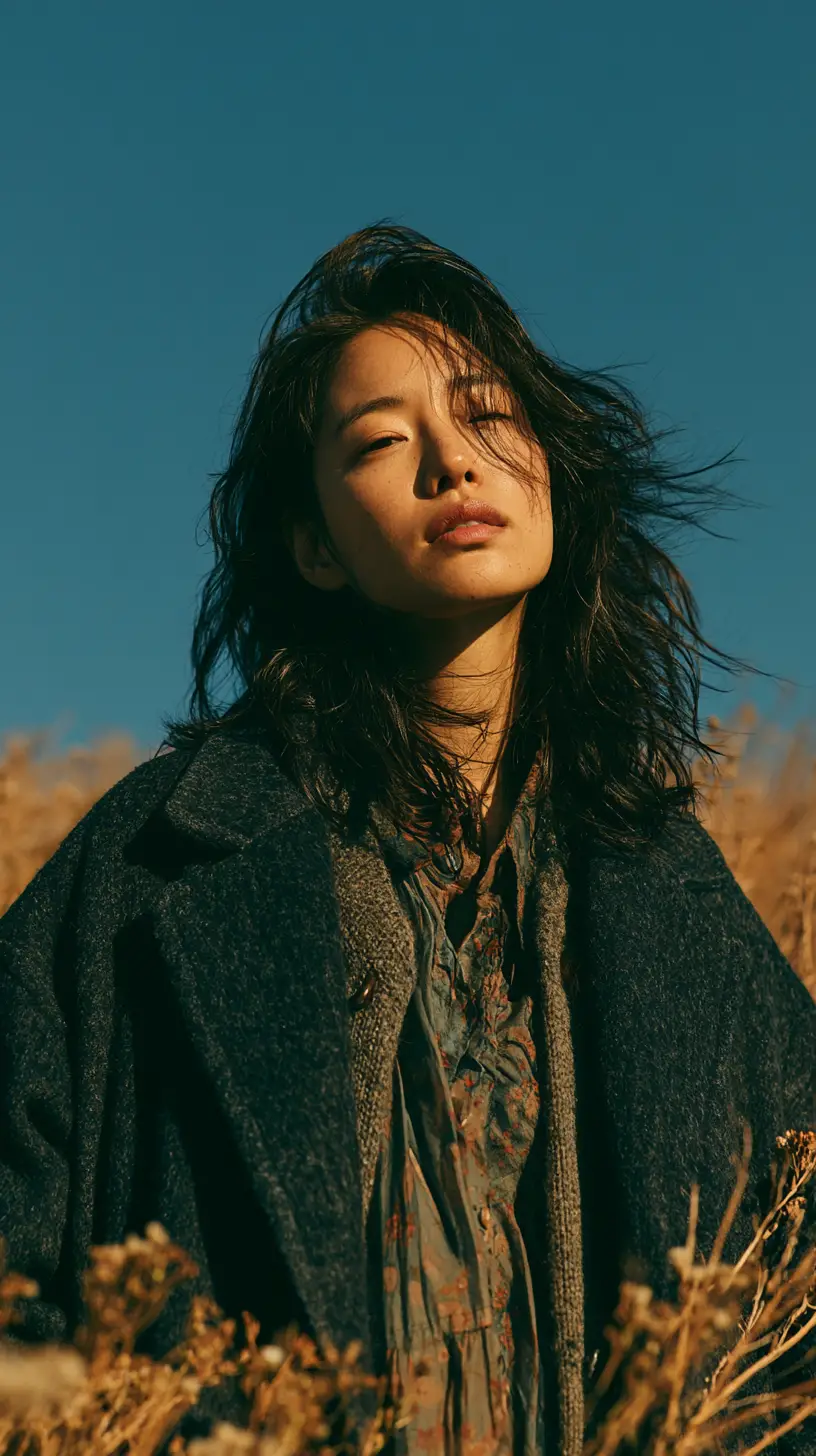 Young East Asian woman standing alone in a wildflower meadow beneath a vast sky