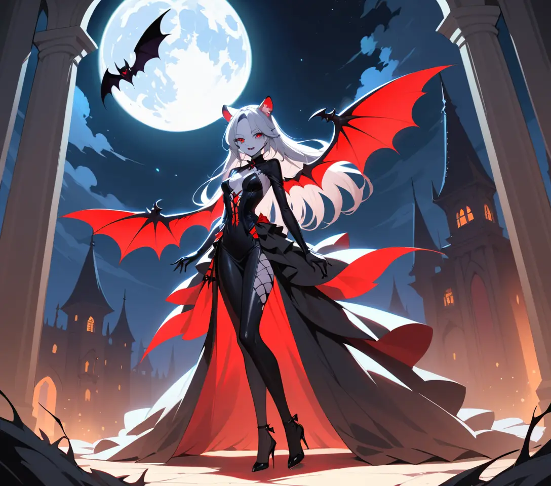 Reina vampira de anime en el balcón de un castillo en ruinas