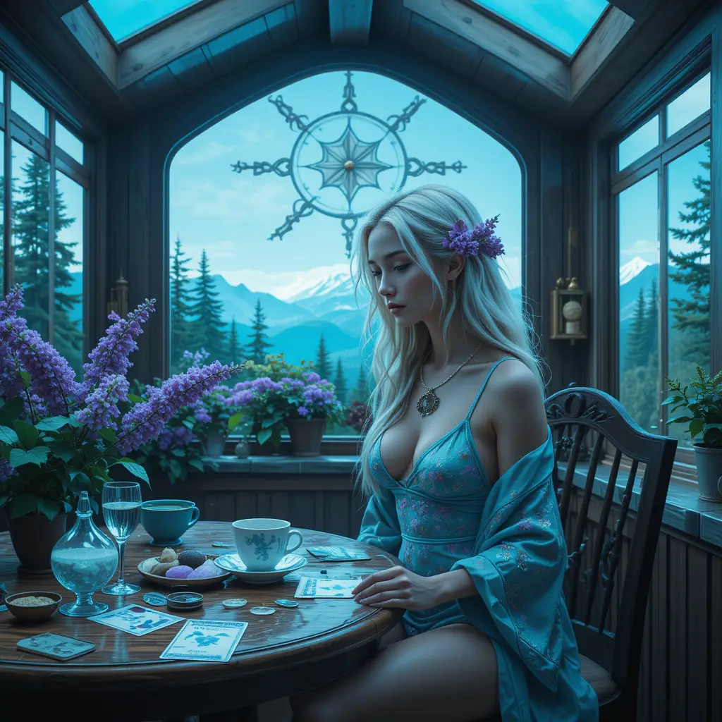 A blonde fantasy woman reflects over a cup in a mountain kitchen