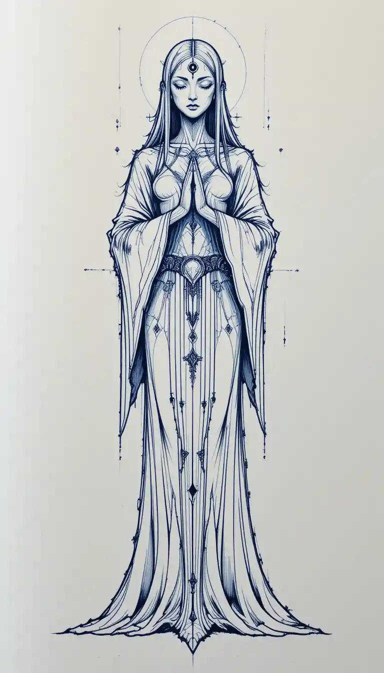 A serene ghostly figure with a third eye and flowing robes