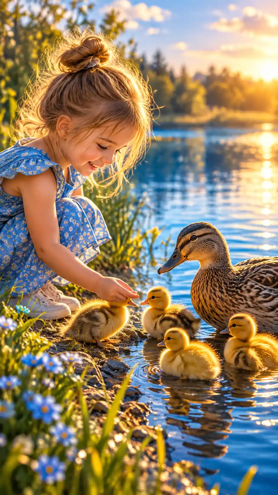 Una niña conoce a una mamá pata y a sus patitos