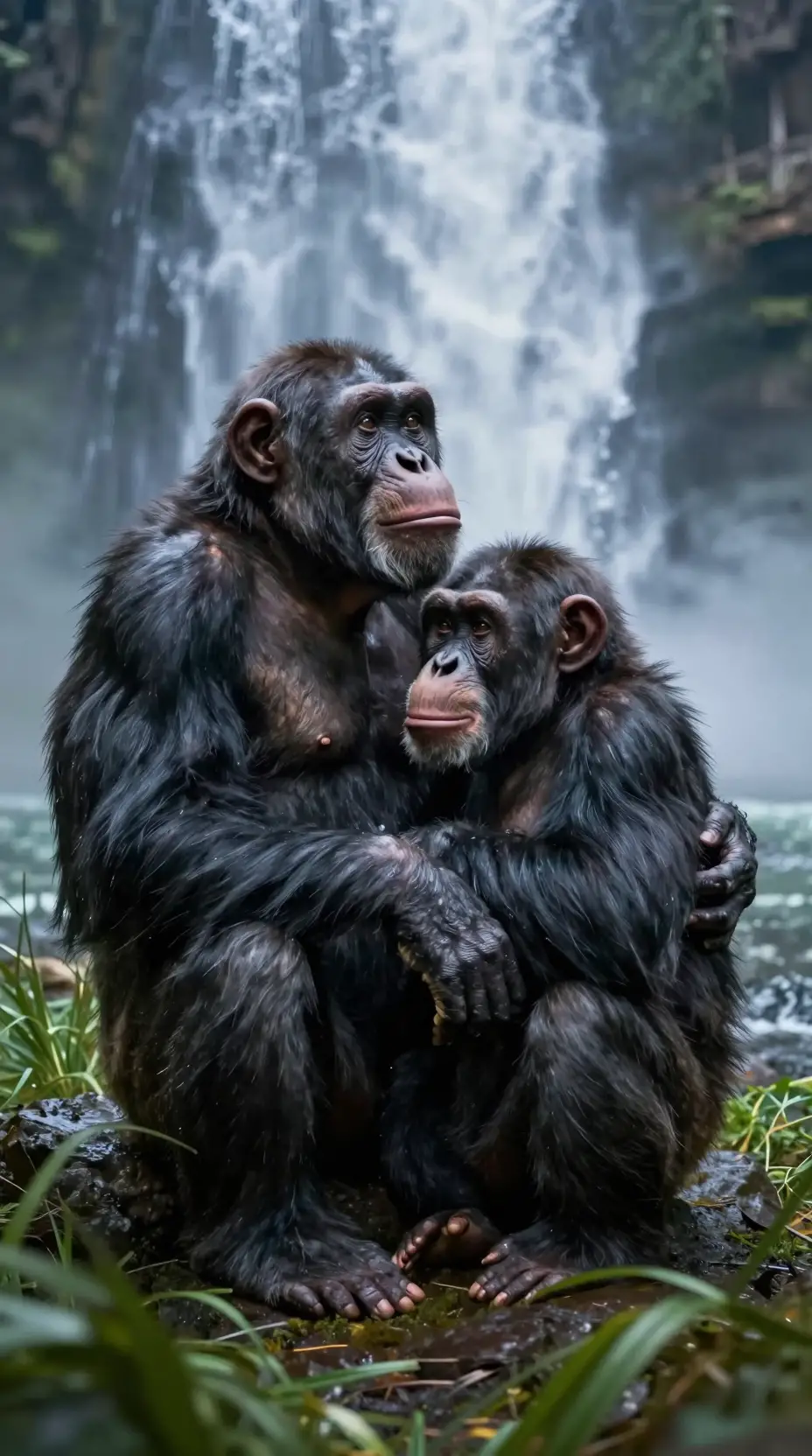 A chimpanzee mother cradles her infant beside a misty waterfall