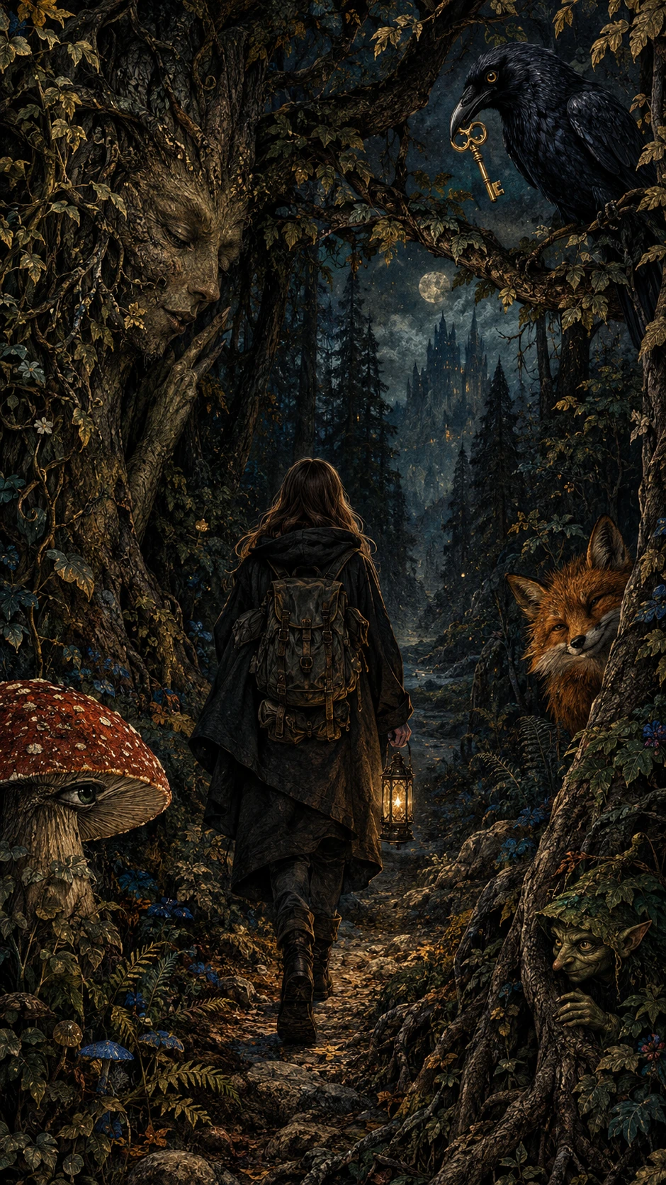 Un viajero solitario camina por un bosque oscuro