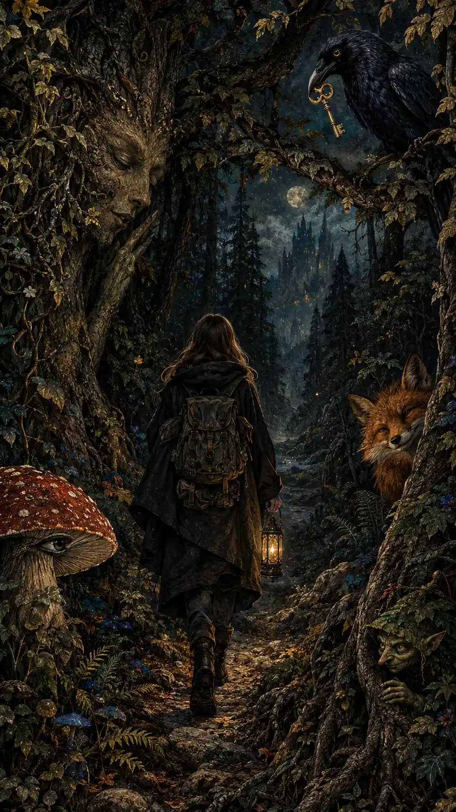 Un viaggiatore solitario cammina in una foresta buia