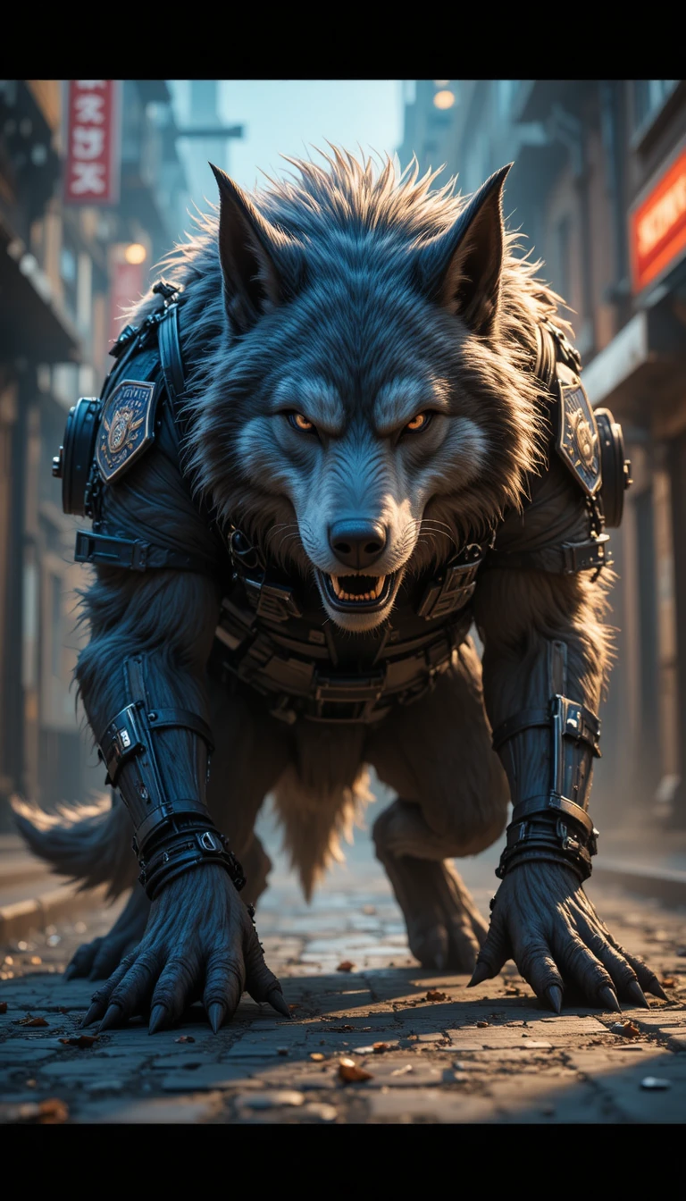 Un perro policía hombre lobo olfatea el suelo en una calle urbana