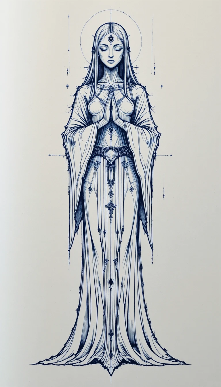A serene ghostly figure with a third eye and flowing robes