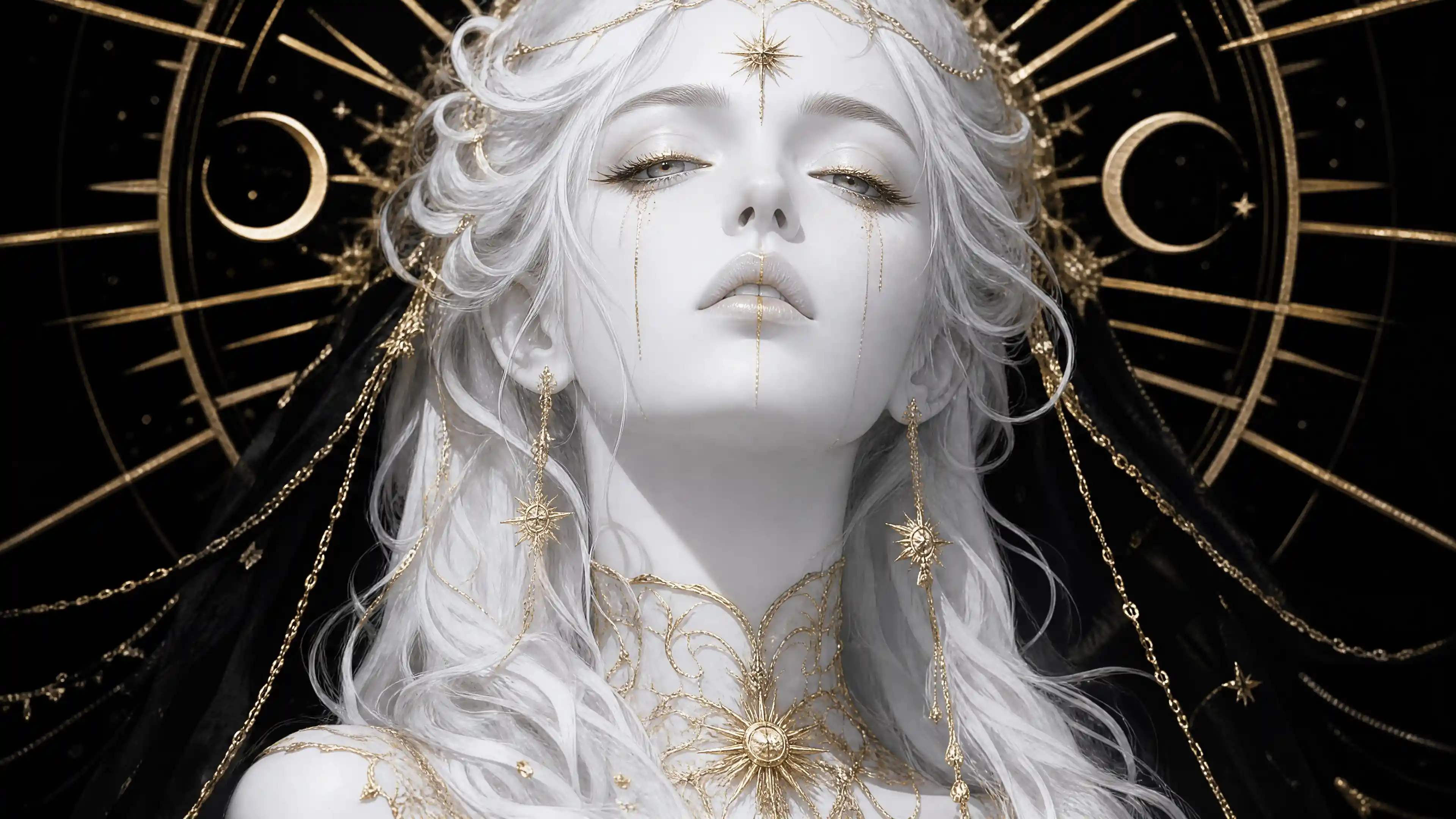 Women with Snow White Skin and Gold Accents in Monochrome