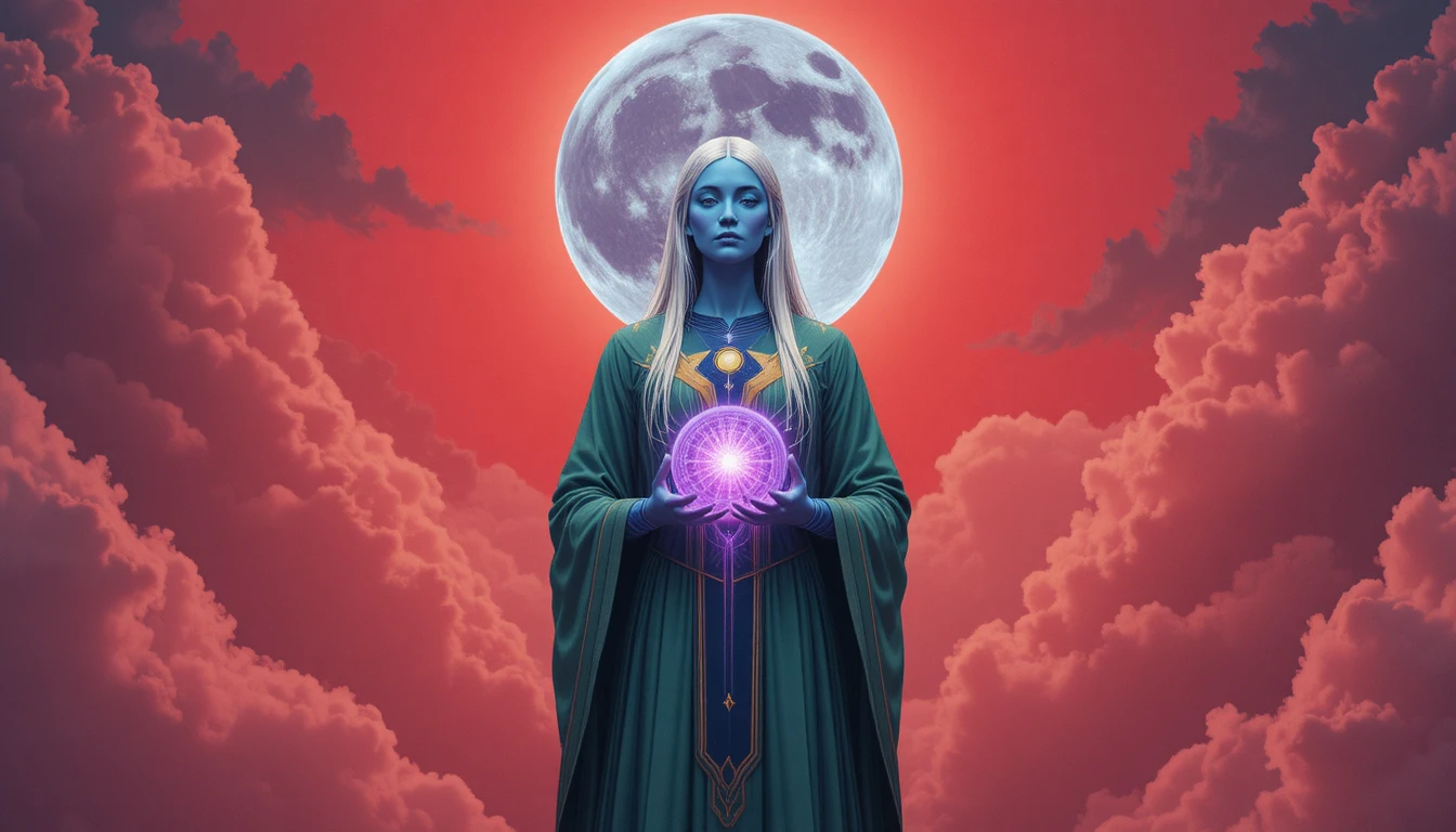 神秘人物在坑坑疤疤的月亮下手持紫色光球