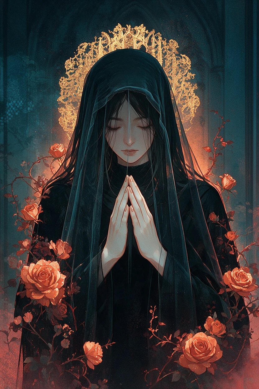 Mujer gótica de anime enmarcada por flores sobre un fondo verde azulado y evocador