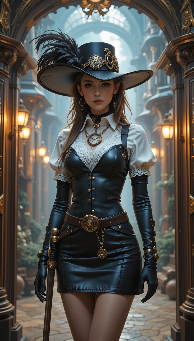 Uma mulher fantástica com um traje de mosqueteira em couro e renda