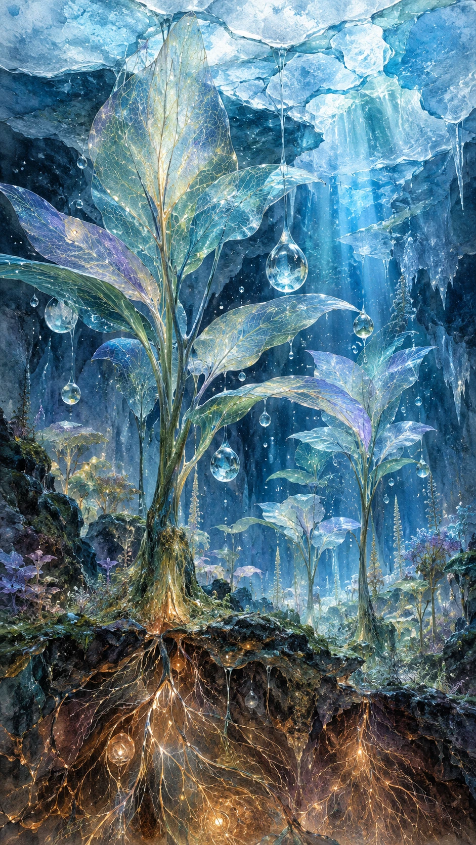A subterranean garden thrives beneath fractured ancient ice