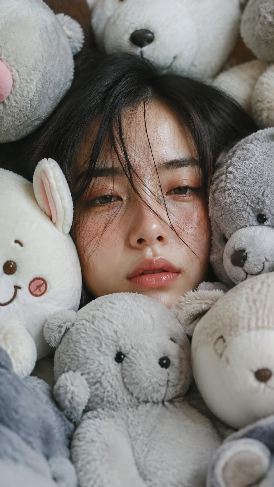 A Woman Surrounded by Plush Toys in an Intimate Close-Up Portrait