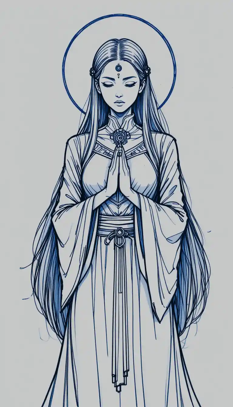Una sacerdotisa de manga meditando, con un tercer ojo y un halo luminoso
