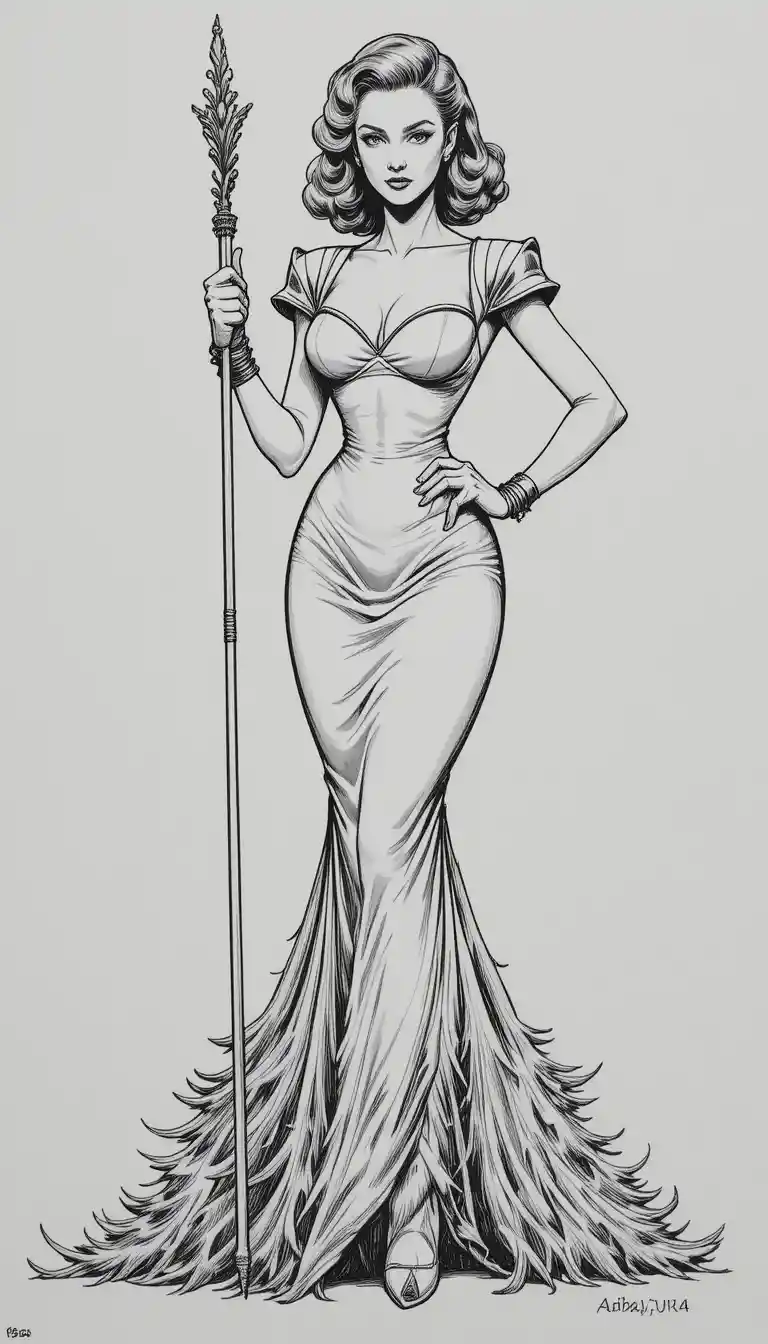 Una hechicera con un bastón en una ilustración de fantasía vintage