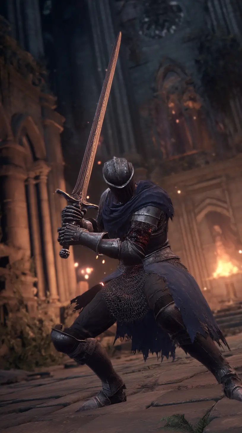 A Helmeted Knight Unleashes a Fiery Sword Strike Amid Crumbling Ruins