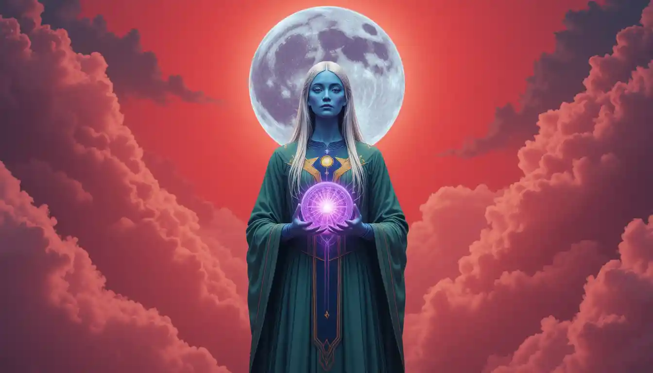 神秘人物在坑坑疤疤的月亮下手持紫色光球