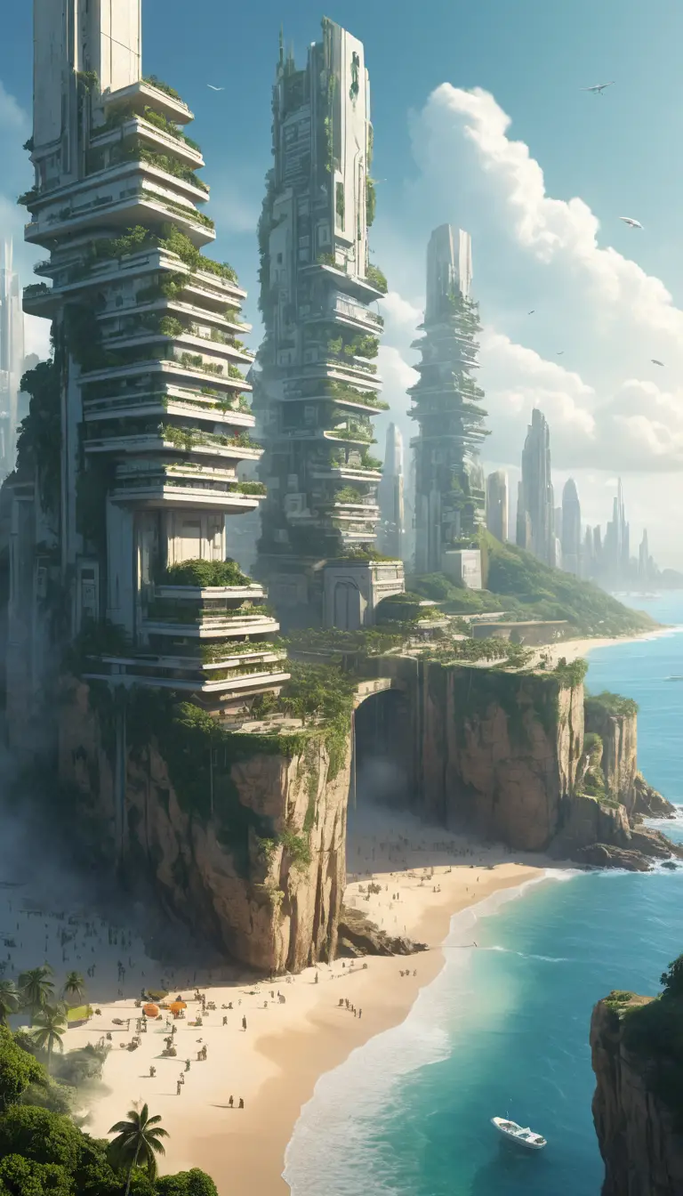 A cliffside metropolis rises above a lush tropical beach