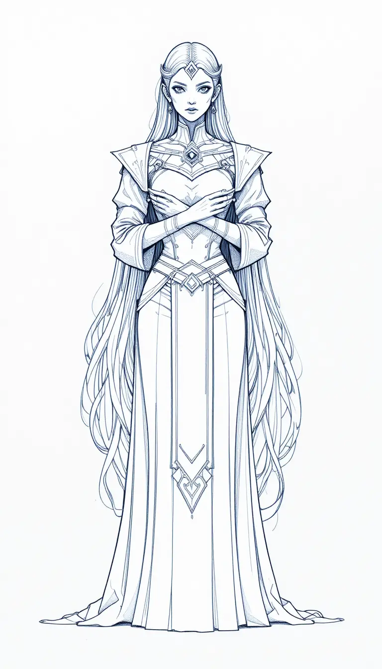 A fantasy woman with flowing hair stands in a ceremonial pose