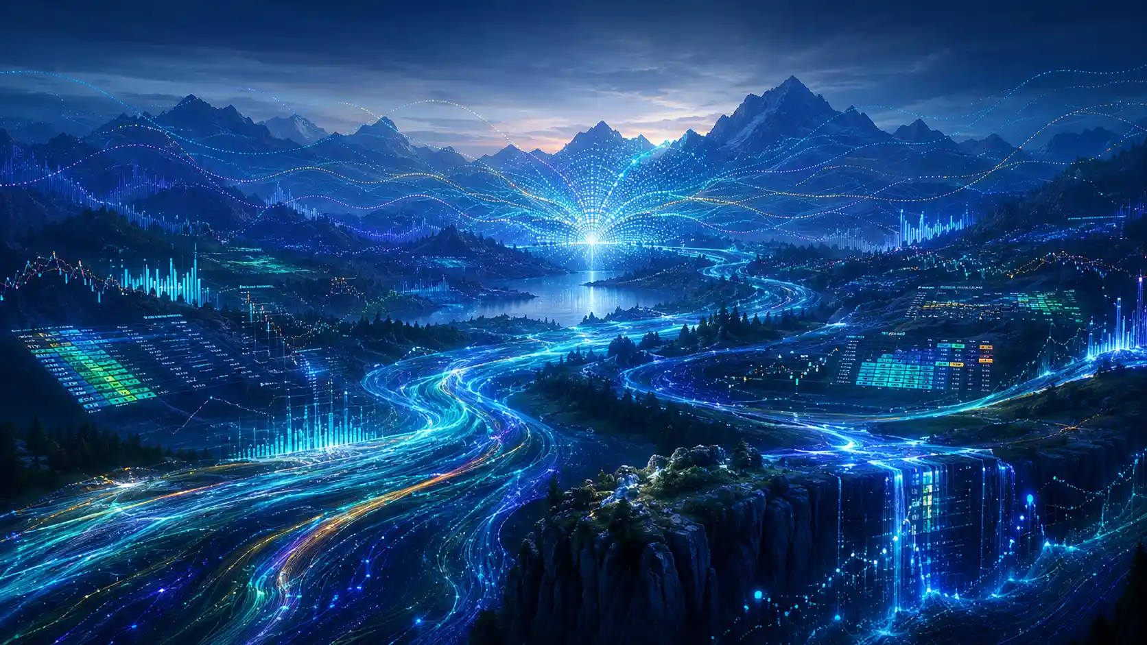 Uma paisagem crepuscular entrelaçada por fluxos luminosos de dados numéricos
