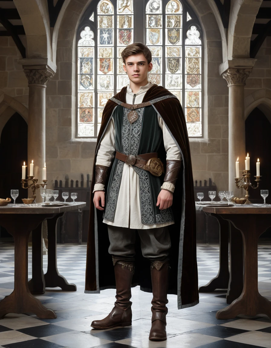 A teenage nobleman poses in a castle hall wearing embroidered attire