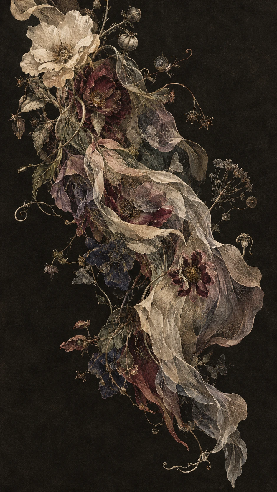 A veil of botanical forms suspended in darkness