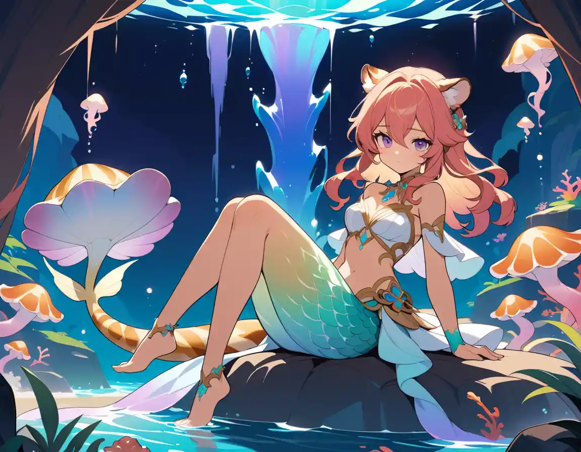 A Sorrowful Mermaid Rests Beside A Fantastical Coral Reef