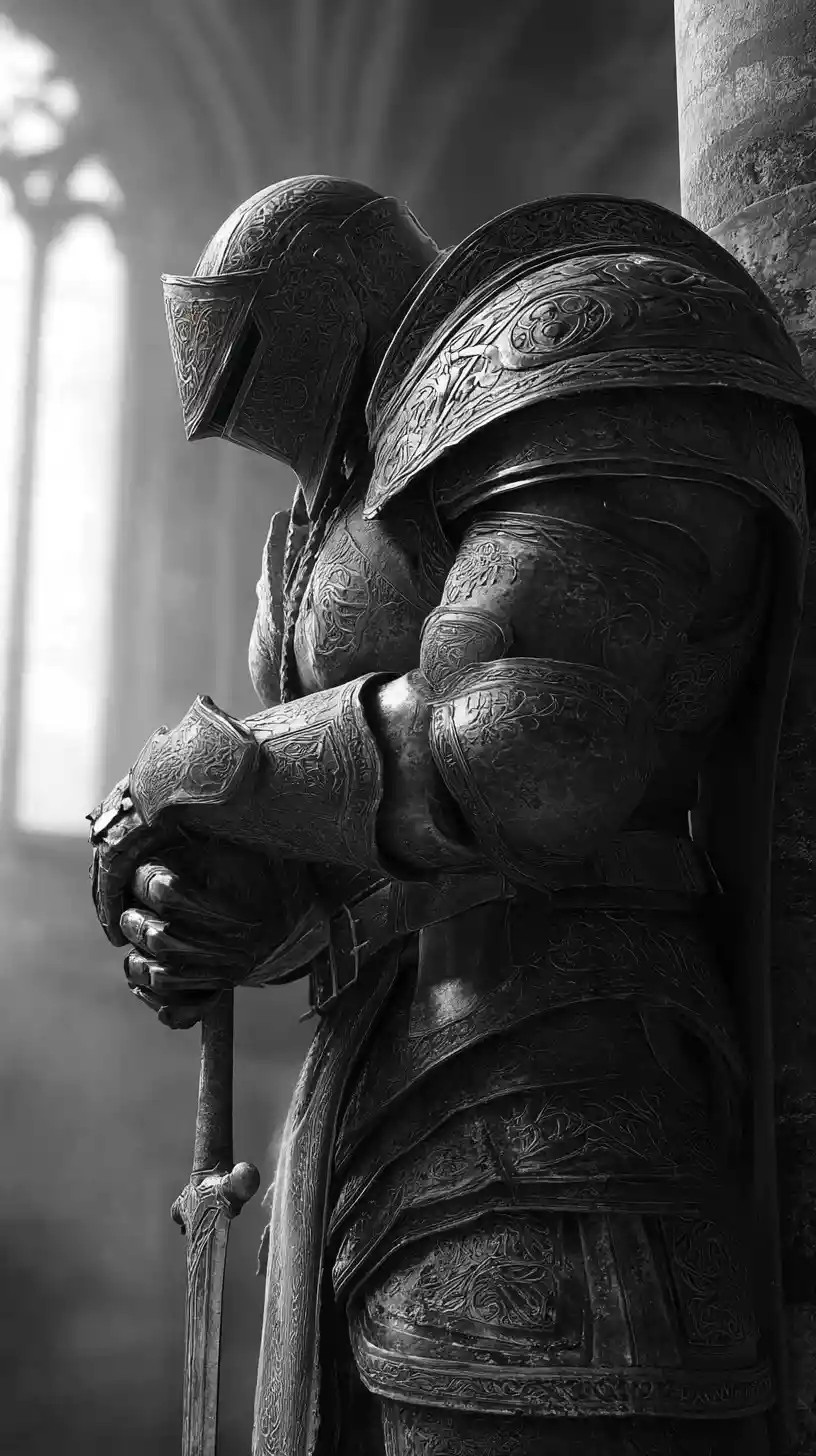 A Medieval Knight Dons Dark Armor Inside a Stone Armory at Dawn
