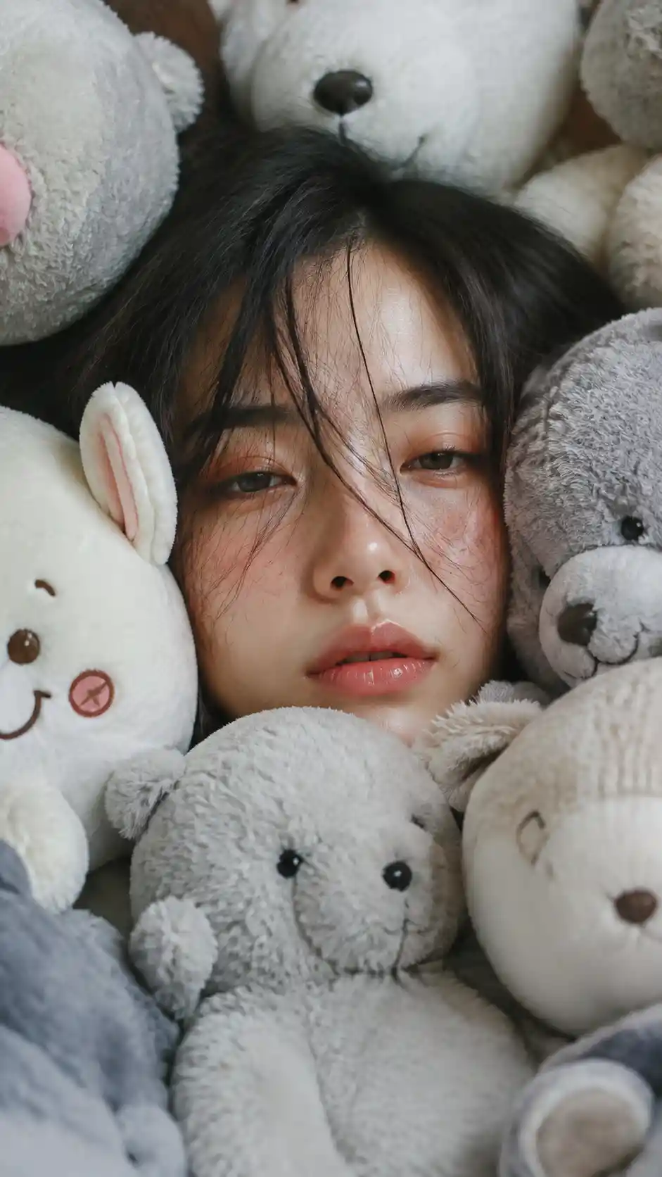 A Woman Surrounded by Plush Toys in an Intimate Close-Up Portrait