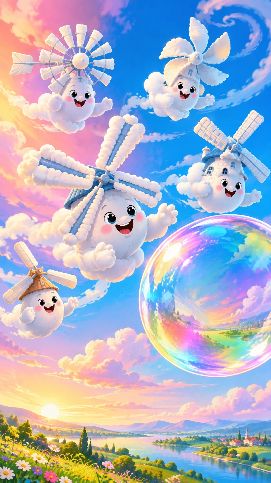 Windmill-shaped cloud characters chase a giant iridescent bubble through the sky