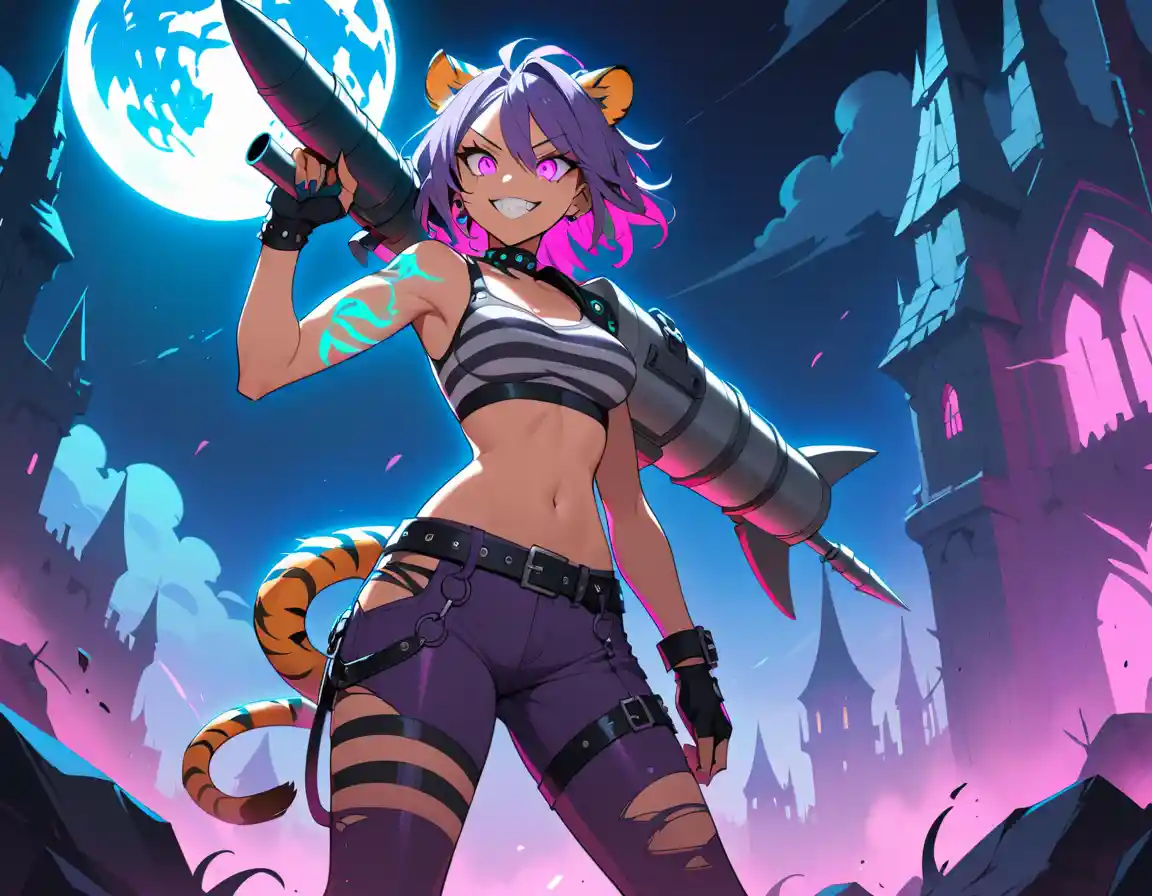 Mujer híbrida de tigre estilo anime sostiene un lanzacohetes con forma de tiburón en el balcón de un castillo