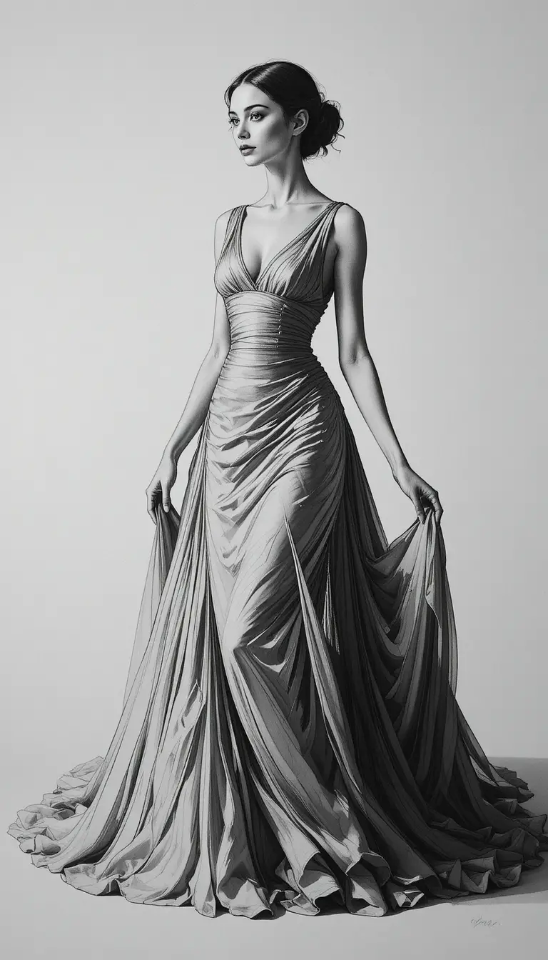 A person stands in a room wearing a long dress and tie