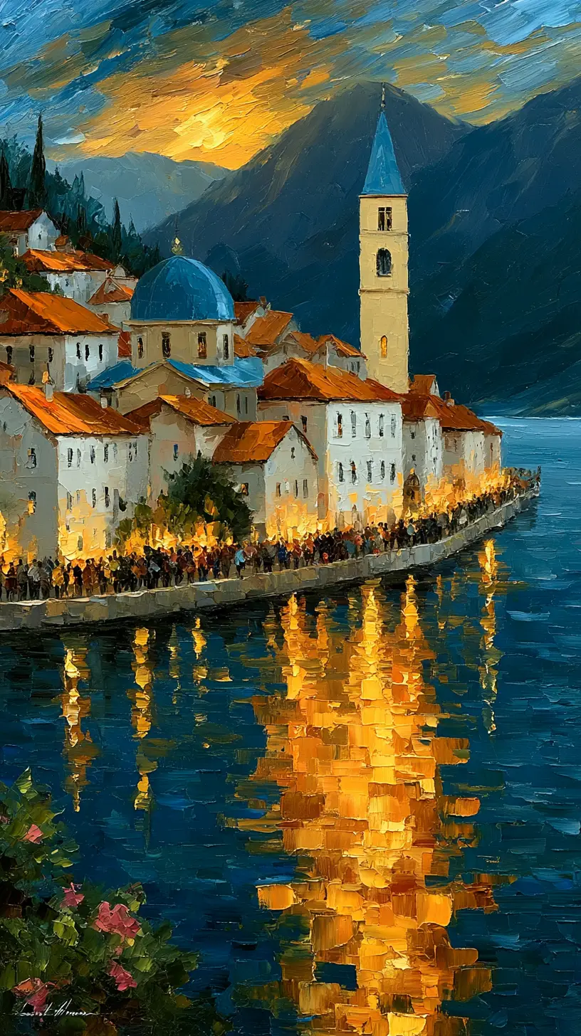 A lakeside village glows beneath blue mountains at golden hour