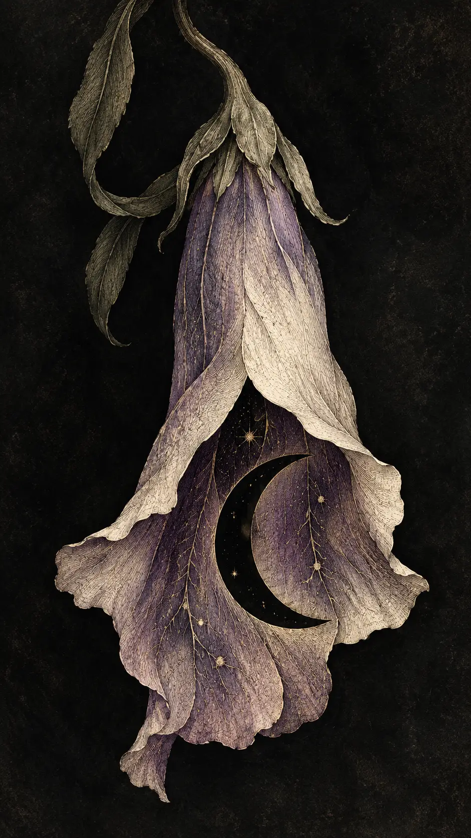 Una campanula sospesa rivela una luna crescente tra i suoi petali incisi