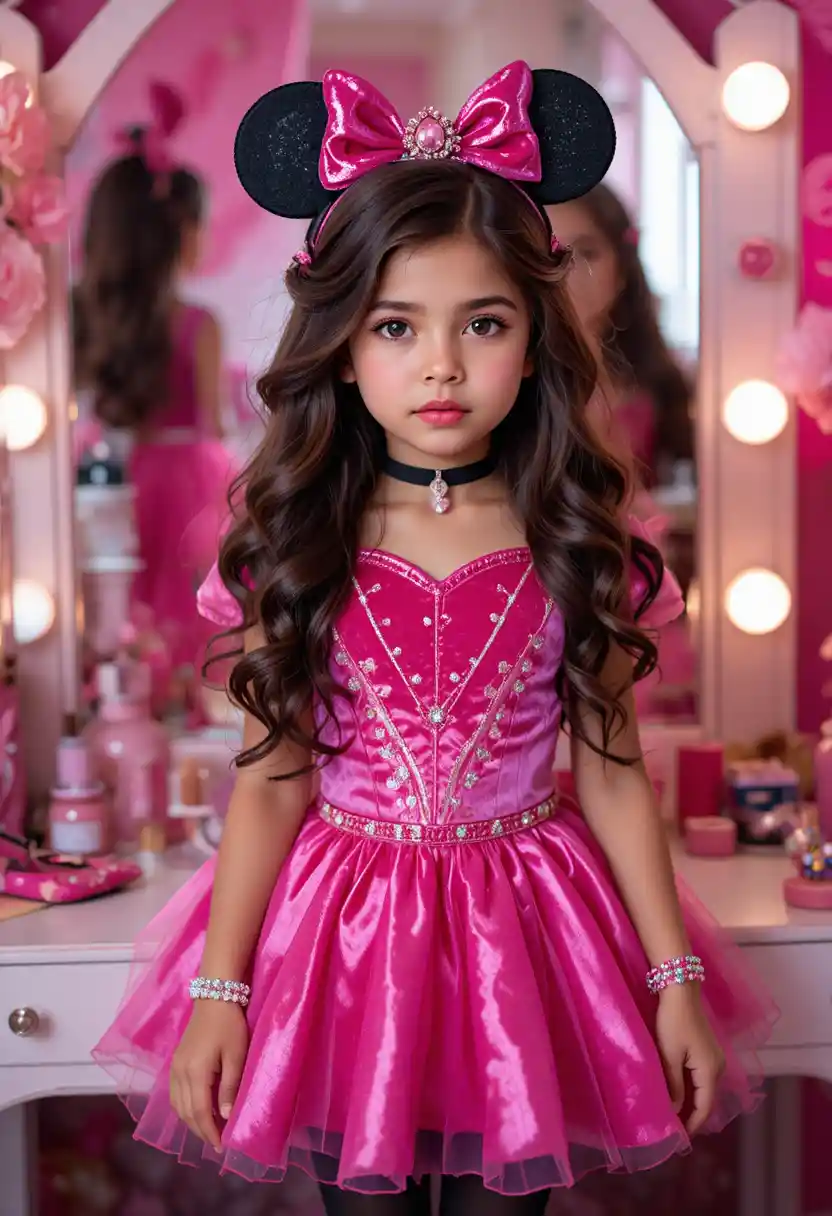 A nervous boy in a Minnie Mouse princess costume before a vanity