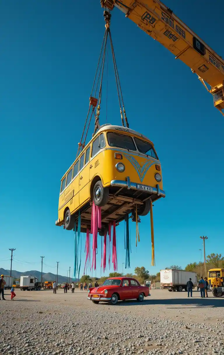 Un autobús antiguo cuelga de una grúa industrial bajo un cielo azul