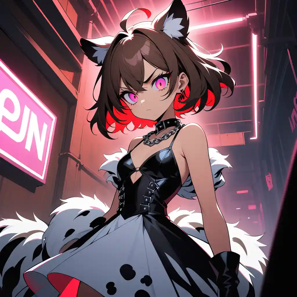 Anime-Tigermädchen läuft über einen neonbeleuchteten Laufsteg im Industrial-Stil