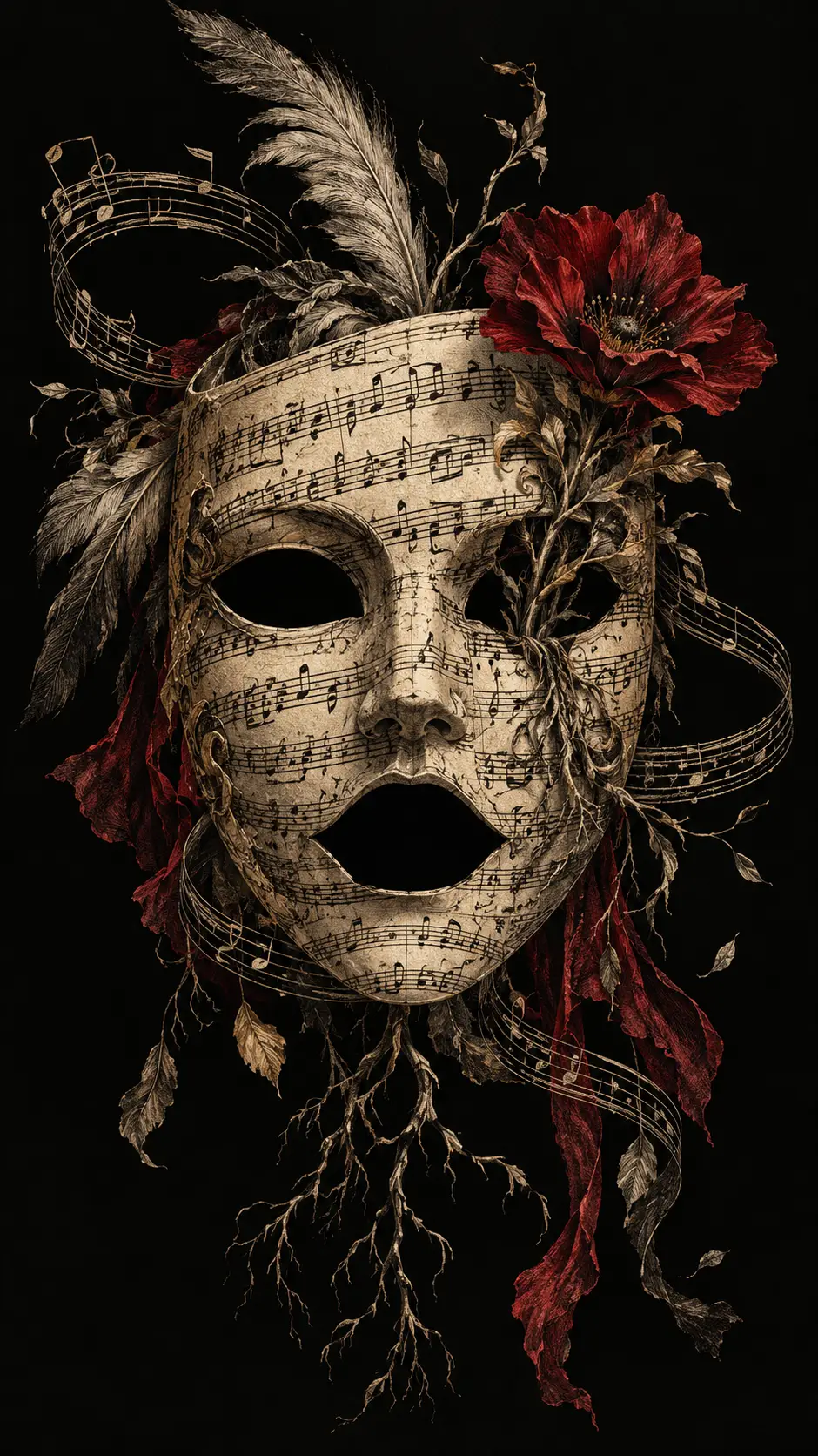 An antique theatrical mask formed from engraved musical notation