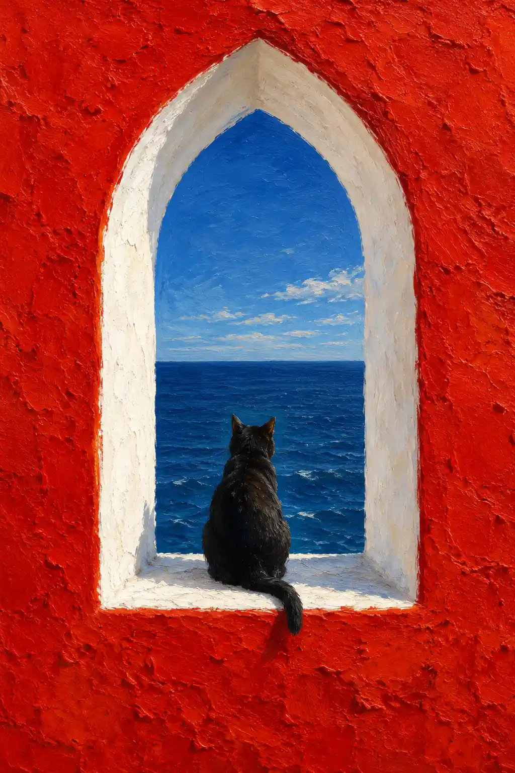 A black cat sits within a white arch overlooking the ocean