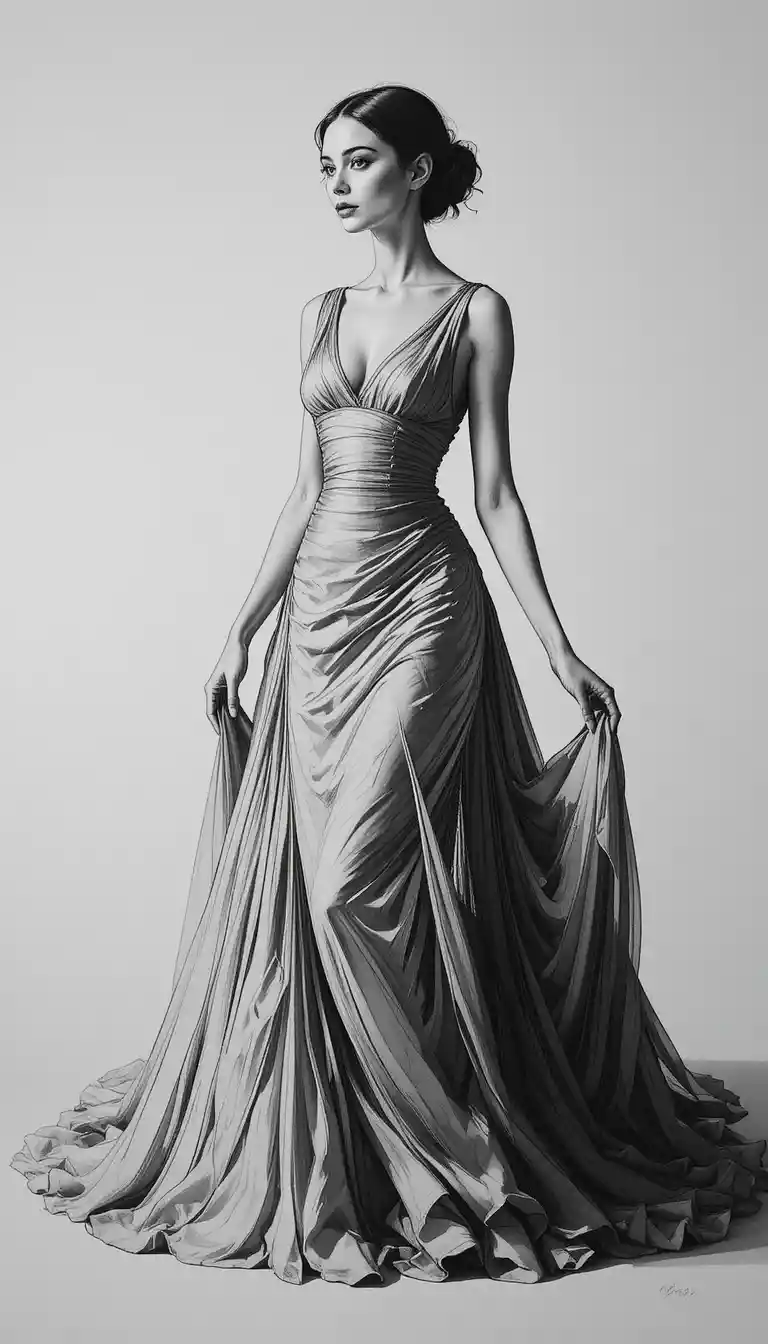 A person stands in a room wearing a long dress and tie