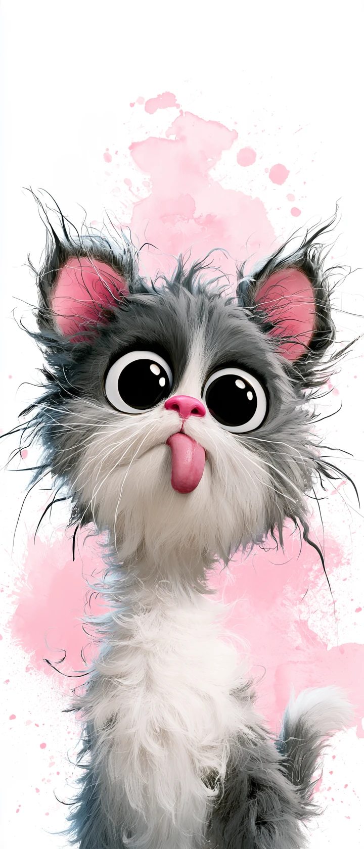 A playful cartoon cat sticks out its tongue against a pink wash