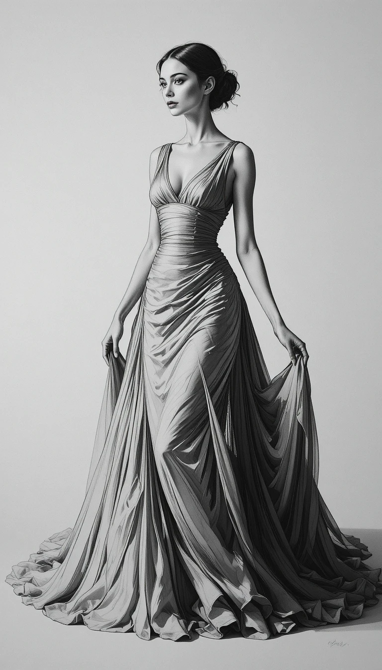 A person stands in a room wearing a long dress and tie