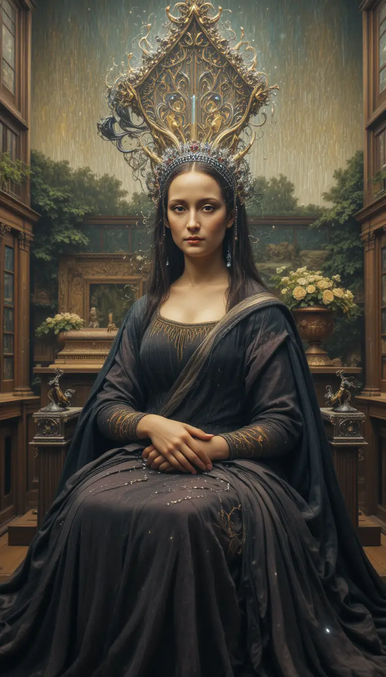 Mona Lisa Reimagined as an Alien Queen on a Nebula Throne